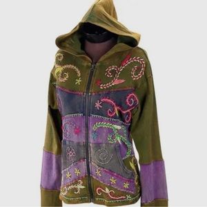 NWT Handcrafted Green Floral Stitched Hooded Jacket